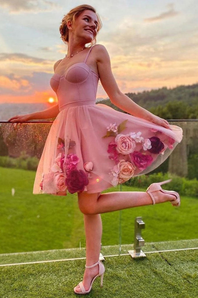 Rose Pink Short Prom Dress with 3D Flowers A-line Straps Graduation Homecoming Dress OKX51