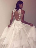 A Line Tulle Appliques Long Prom Dresses Open Back Cheap Wedding Dress OKH86