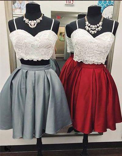 Sexy Two Piece Gray Burgundy Short Homecoming Dress With Lace Top OKO77