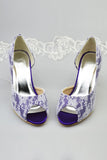 Nave Blue Peep Toe Simple Wedding Shoes With White Lace S14