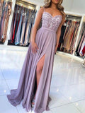 Spaghetti Straps A-line Long Lace Appliques Prom Dress With Slit OKX94