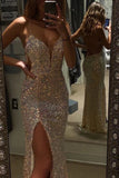 Spaghetti Straps V Neck Prom Dress With Split Mermaid Evening Dress OK1344