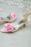 Pretty Pink Lace Up Low Heel Handmade Sandals With Flower S73