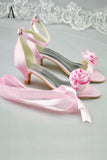 Pretty Pink Lace Up Low Heel Handmade Sandals With Flower S73