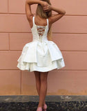 Cute A-Line Lace Up Back White Satin Short Homecoming Dresses,Graduation Dresses OK517
