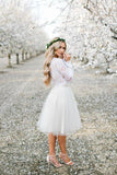 Off White Tulle Long Sleeve Lace 2 Pieces Short  Cheap Homecoming Dresses OKE3