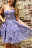 Purple Beaded A-line Spaghetti Straps Lace Appliques Short Homecoming Dress OKZ62