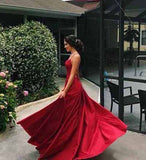Newest Red A-line Satin Spaghetti Straps Long Prom Dresses with Slit OK1725