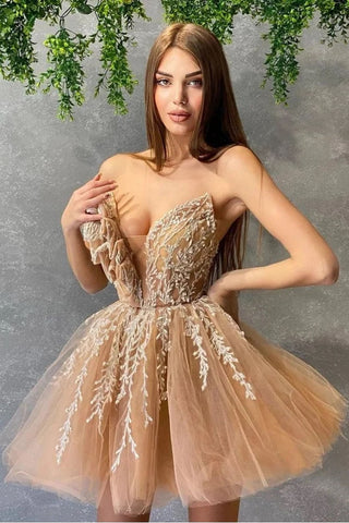 Tulle Sexy V Neck Lace Appliques A Line Short Homecoming Dress OK1847