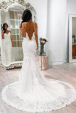 Off White Tulle Mermaid Spaghetti Straps Chapel Train Wedding Dress with Lace Appliques OK1650