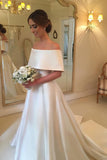 Simple Satin A Line Off-the-Shoulder Cheap Bridal Gown, Ivory Wedding Dresses OKC73