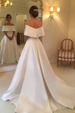 Simple Satin A Line Off-the-Shoulder Cheap Bridal Gown, Ivory Wedding Dresses OKC73