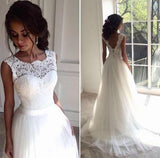 White Lace Sleeveless Wedding Dress,Sexy Tulle A Line Long Bridal Gowns OK390