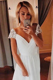 Simple Chiffon A-line Cap Sleeves V-neck Bohemian Beach Wedding Dresses Bridal Dress OK1679