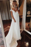 Simple Chiffon A-line Cap Sleeves V-neck Bohemian Beach Wedding Dresses Bridal Dress OK1679