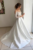 Beautiful A Line Satin Long Sleeves Open Back Wedding Dresses with Lace Appliques OK1676