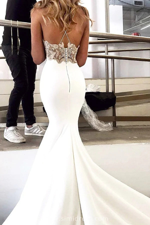 Soft Satin Boho Bridal Dress Mermaid Spaghetti Straps Lace V Neck Beach Wedding Dresses OK1675