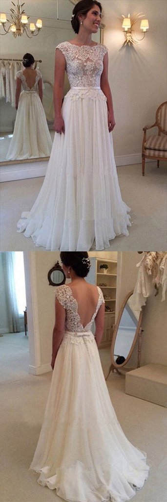 A-line Lace Cap Sleeves White Wedding Dresses,Sexy Backless Cheap Long Bridal Dress OK391
