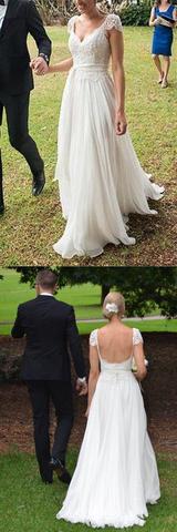 Unique Ivory Cap Sleeves Lace Top Backless Chiffon A Line Beach Wedding Dress OK381