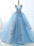 Ball Gown Long Sky Blue Butterfly V Neck Prom Dresses,Quinceanera Dresses OKE79