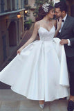 Simple Satin A Line Spaghetti Straps Appliqued Short Princess Wedding Dress OK1137