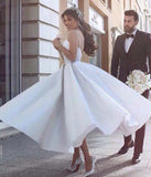 Simple Satin A Line Spaghetti Straps Appliqued Short Princess Wedding Dress OK1137