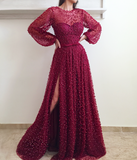 Cheap A Line Burgundy Long Sleeve Vintage Split Prom Dresses OKE95