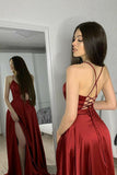 Sexy Long Burgundy V-Neck Prom Dress with Pockets Criss Cross Side Slit Formal Party Dress OKV58