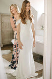 Sheath Satin Lace Appliques Off-the-Shoulder Wedding Dresses With Sweep Train OK1883