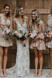 Sheath V-neck Lace Wedding dresses With Chapel Train, Unique Bridal Gowns OK1888