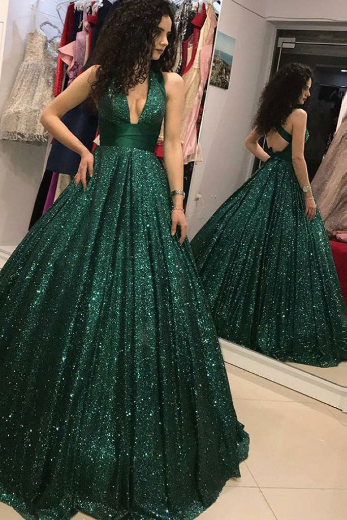 Shinny Green Sequined Ball Gown Cheap Prom Dress, Quinceanera Dress OKH73