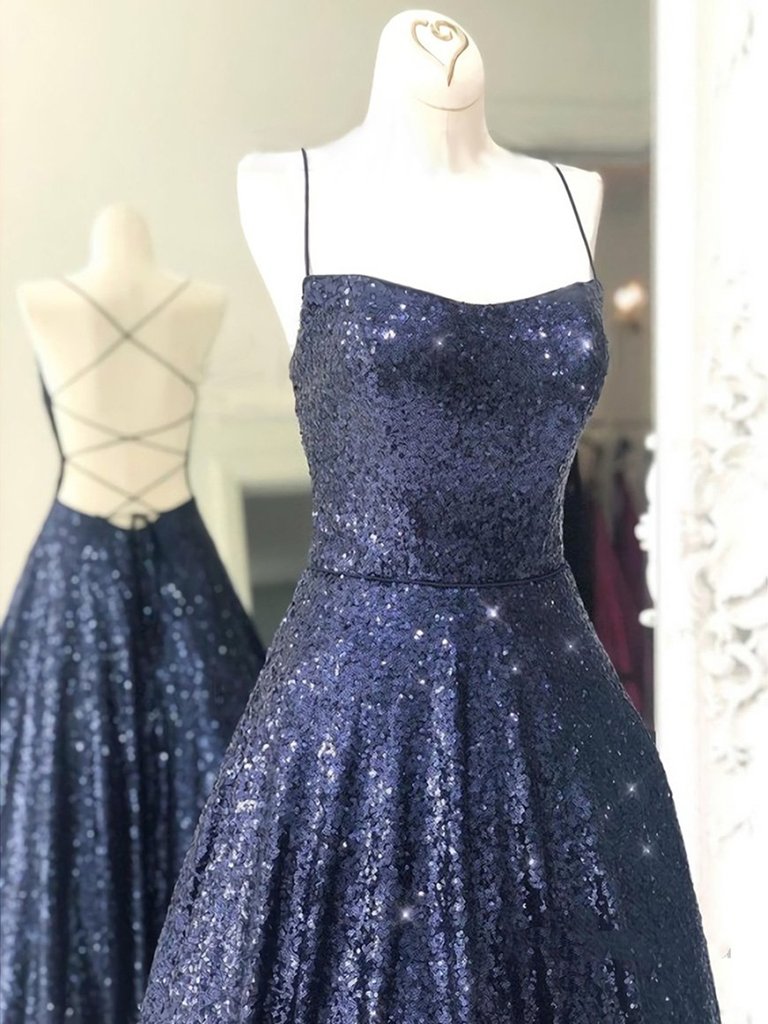 Shiny Navy Blue Long Prom Dress Sequin Cris Cross Long Formal Evening Dress OKX2