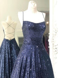 Shiny Navy Blue Long Prom Dress Sequin Cris Cross Long Formal Evening Dress OKX2