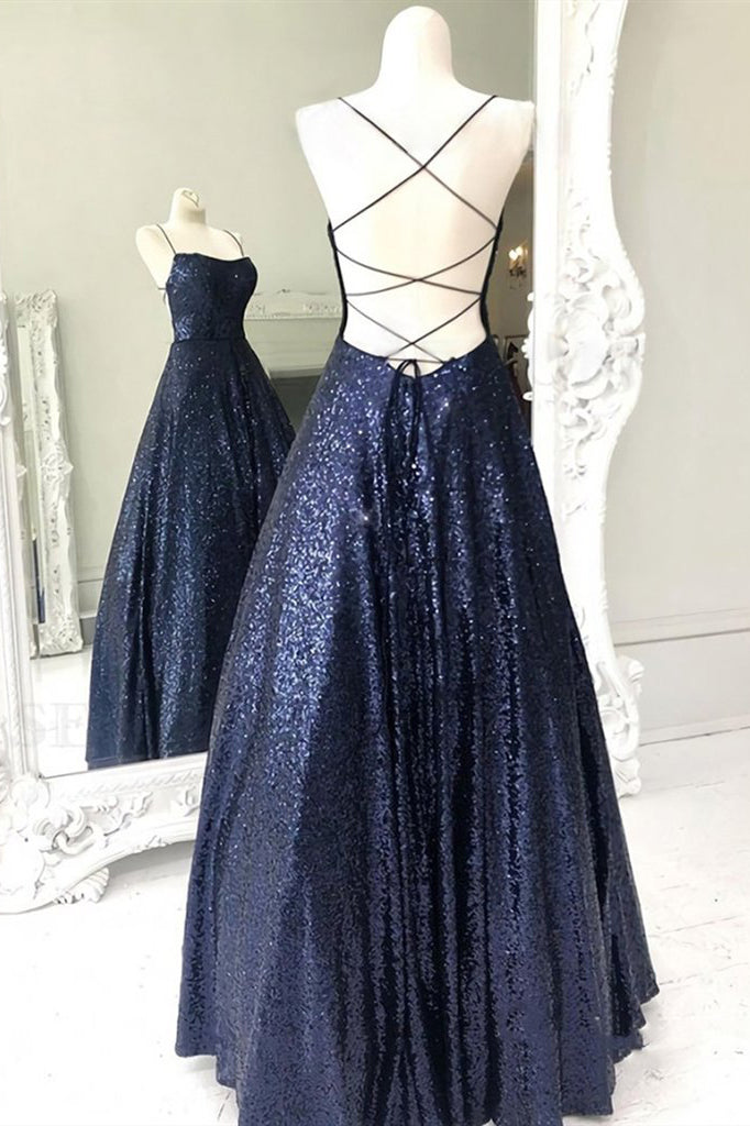 Shiny Navy Blue Long Prom Dress Sequin Cris Cross Long Formal Evening Dress OKX2
