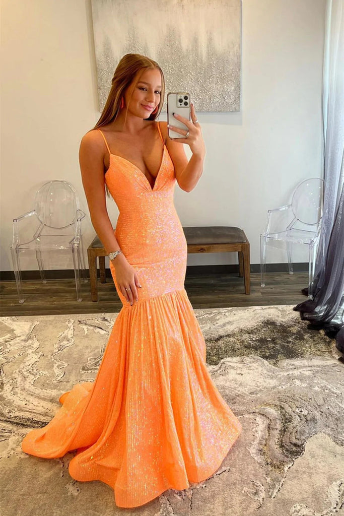 Shiny Sequins V Neck Mermaid Long Prom Dresses, Formal Graduation Evening Dresses OK1911