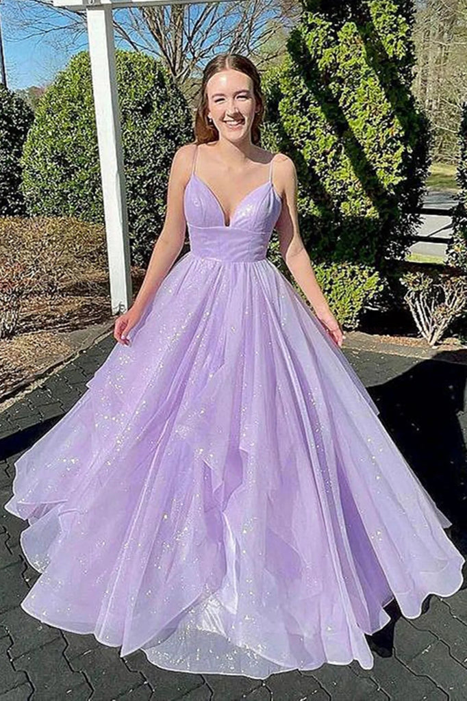 Shiny V Neck Lilac Backless Long Prom Dresses, Formal Evening Dresses OK1918