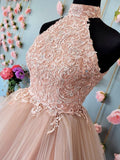 High Neck Pink Lace Top Prom Dress Short Pink Formal Homecoming Dress OKY29