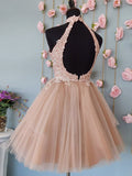 High Neck Pink Lace Top Prom Dress Short Pink Formal Homecoming Dress OKY29