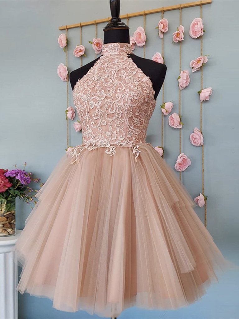 High Neck Pink Lace Top Prom Dress Short Pink Formal Homecoming Dress OKY29