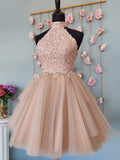 High Neck Pink Lace Top Prom Dress Short Pink Formal Homecoming Dress OKY29