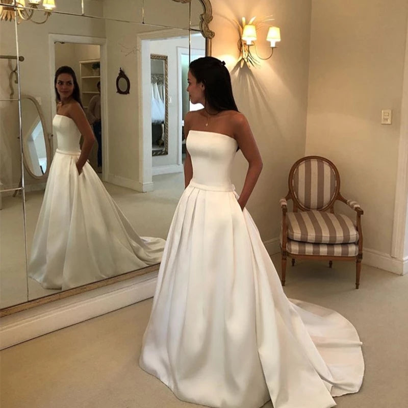 A-line Ivory Strapless Wedding Dress Satin Draped Bridal Dress With Pockets OKX5