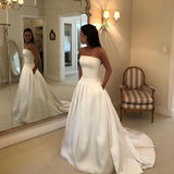 A-line Ivory Strapless Wedding Dress Satin Draped Bridal Dress With Pockets OKX5