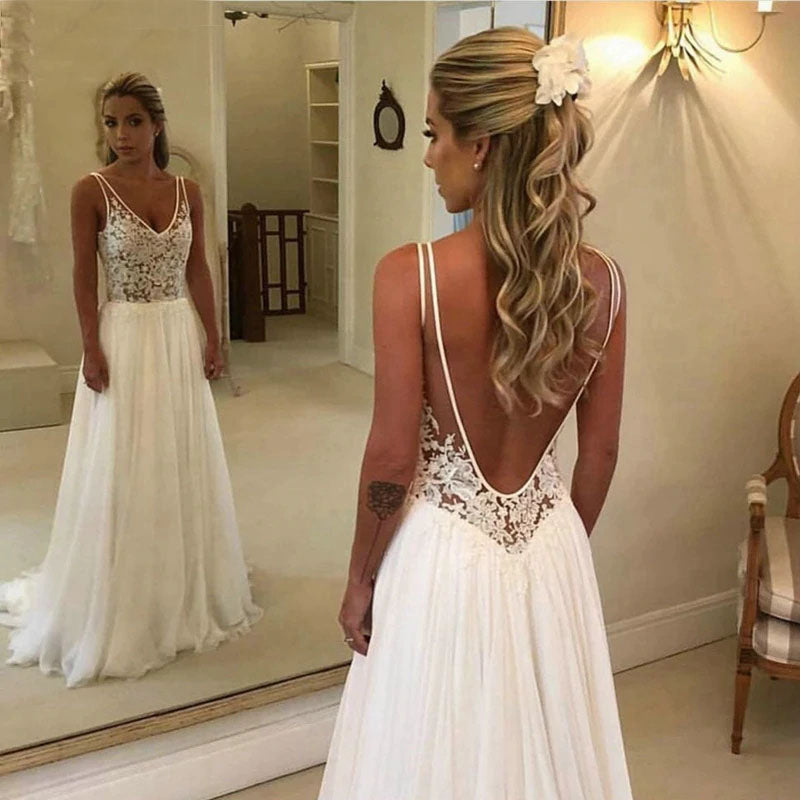 Simple Chiffon Beach Wedding Dress Sexy Backless V-Neck Lace Applique A-line Bridal Dress OKW18