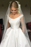 Simple Satin Wedding Dress Chapel Train A-line Bridal Dress With Pockets OKW25