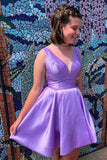 Simple V Neck Purple Short Prom Homecoming Dress V Neck Lavender Formal Graduation Evening Dress OK1656