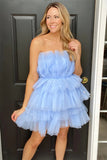 Sky Blue Tiered A Line Tulle Short Homecoming Dress Strapless Party Gown OK1773