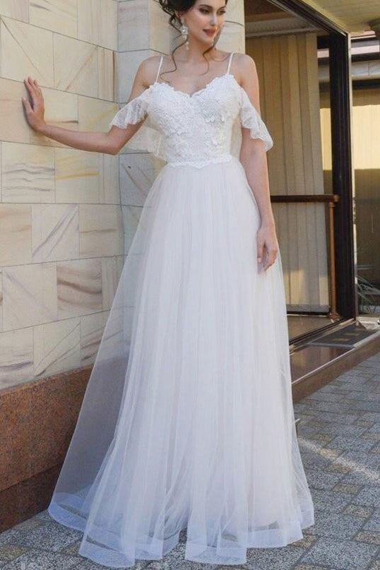 Spaghetti Straps Lace Dropped Sleeves Tulle A Line Beach Wedding Dresses OKH83