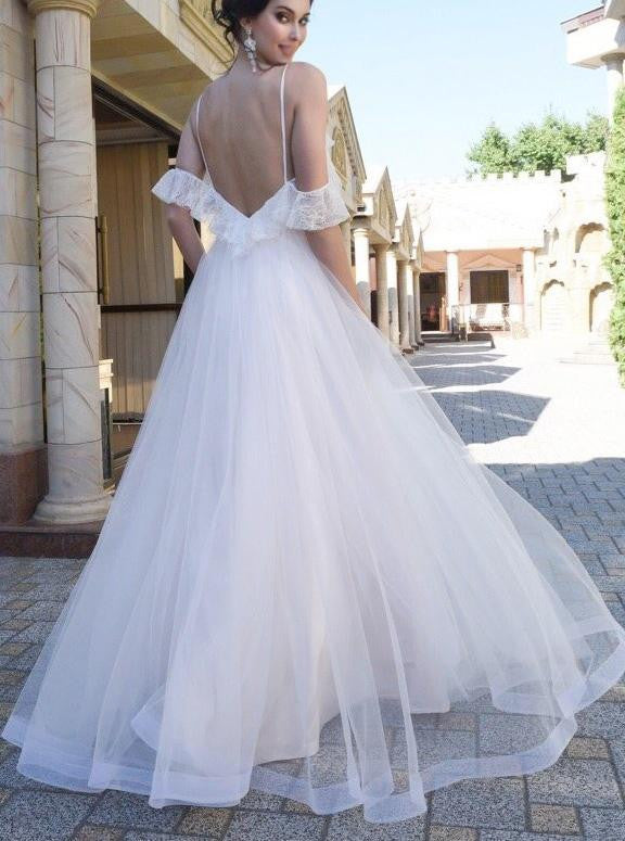 Spaghetti Straps Lace Dropped Sleeves Tulle A Line Beach Wedding Dresses OKH83