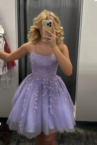Sparkly Lavender Short Homecoming Dress A Line Tulle Sleeveless Lace Appliques Party Dress OK1771