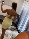 Strapless Beaded Short Yellow Lace Prom Dresses, Yellow Lace Sheath Homecoming Dresses OK1717